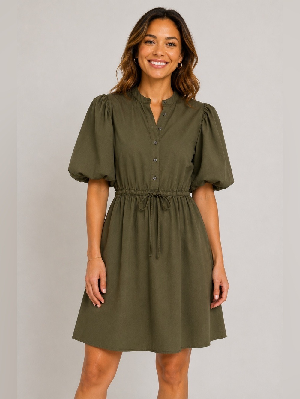 Gap balloon sleeve dress NEW Medium cotton olive green drawstring waist Feminine